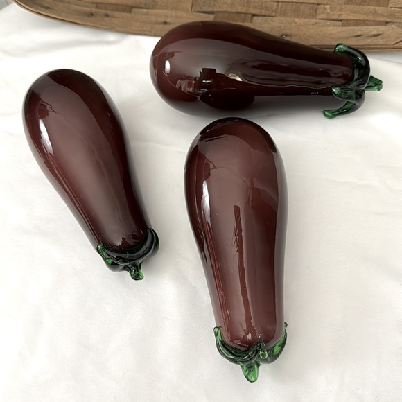 Art Glass Handblown Eggplants in Woven Flat Stake Basket - Picture 3 of 9